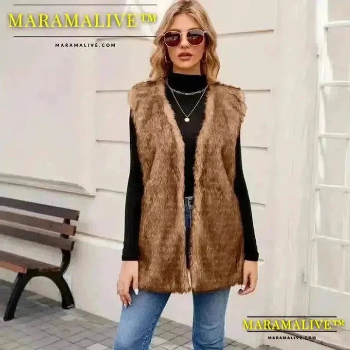 Sleeveless Jacket Women Faux Fur Vest V Neck Thick Jackets High Street Cardigan Coat Elegant Female Warm Vests Winter 2024