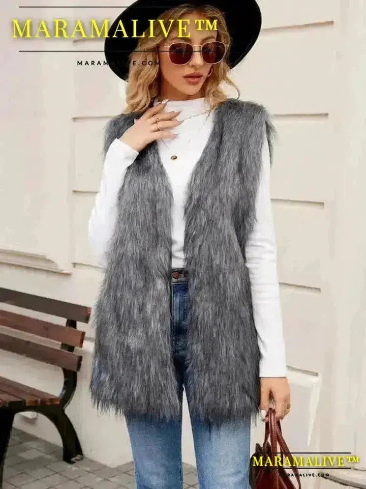 Sleeveless Jacket Women Faux Fur Vest V Neck Thick Jackets High Street Cardigan Coat Elegant Female Warm Vests Winter 2024