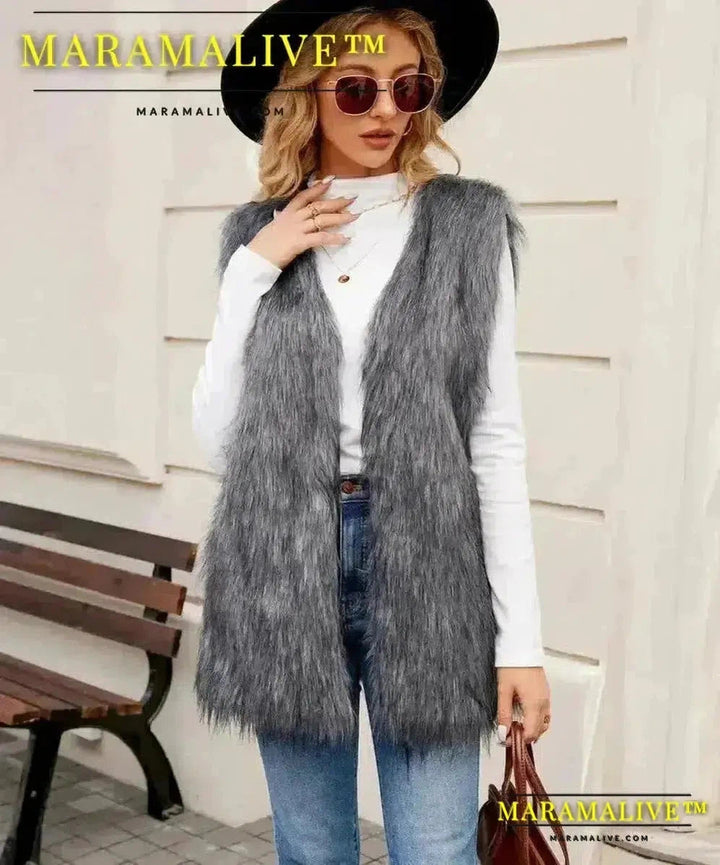 Sleeveless Jacket Women Faux Fur Vest V Neck Thick Jackets High Street Cardigan Coat Elegant Female Warm Vests Winter 2024