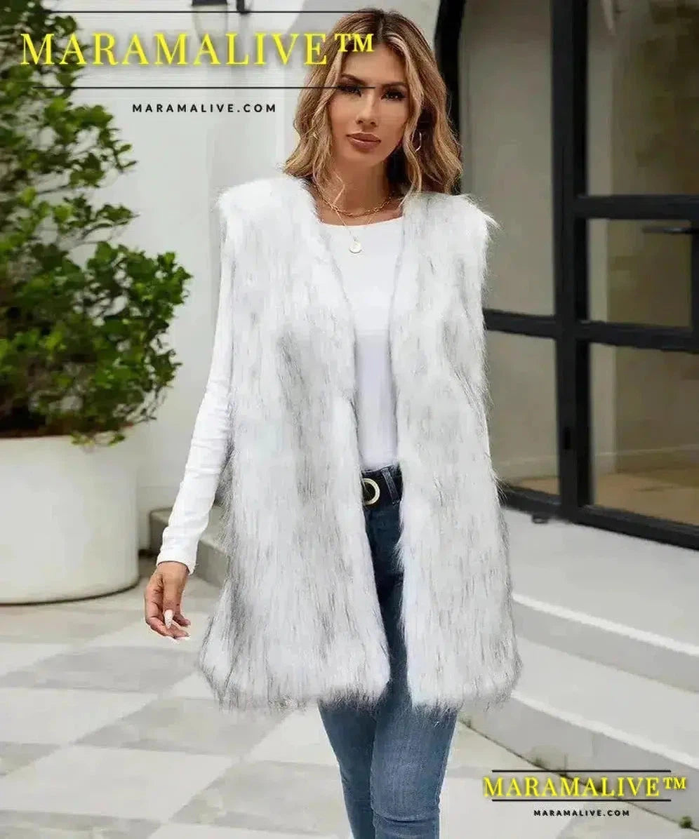 Sleeveless Jacket Women Faux Fur Vest V Neck Thick Jackets High Street Cardigan Coat Elegant Female Warm Vests Winter 2024