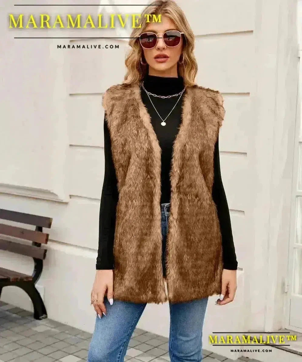 Sleeveless Jacket Women Faux Fur Vest V Neck Thick Jackets High Street Cardigan Coat Elegant Female Warm Vests Winter 2024