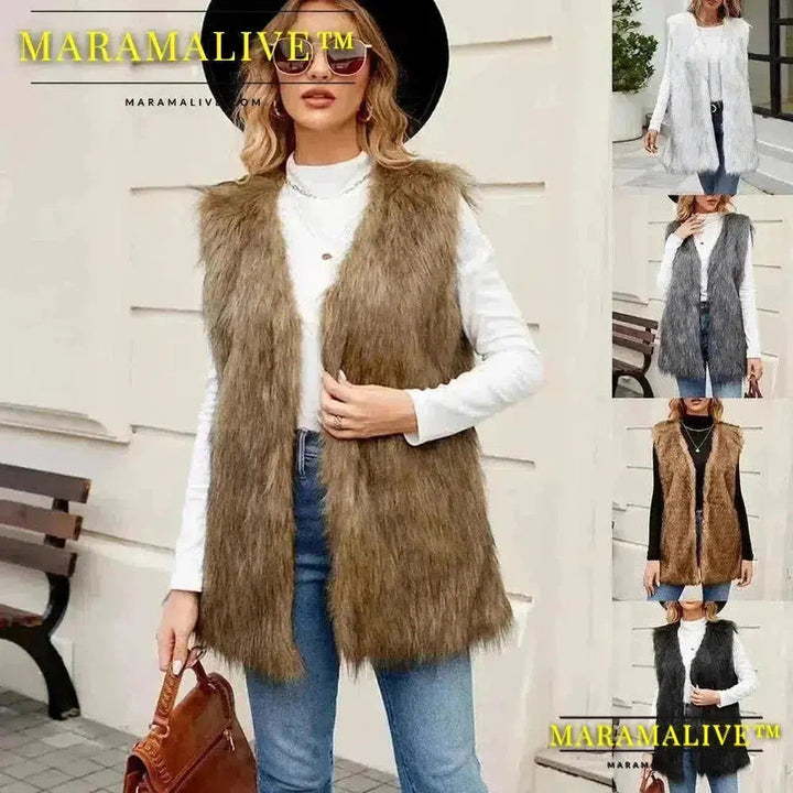 Sleeveless Jacket Women Faux Fur Vest V Neck Thick Jackets High Street Cardigan Coat Elegant Female Warm Vests Winter 2024