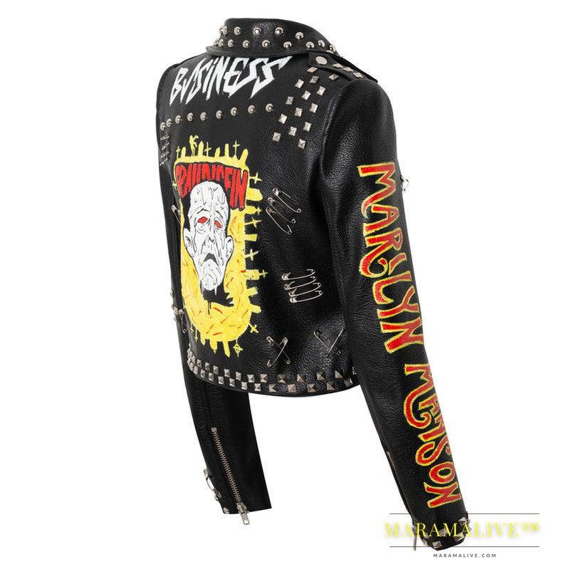 Slim-fit Studded Graffiti Pu Women's Print Contrast Jacket