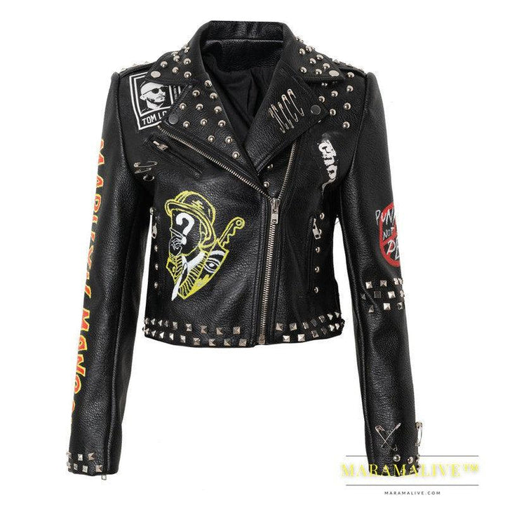 Slim-fit Studded Graffiti Pu Women's Print Contrast Jacket