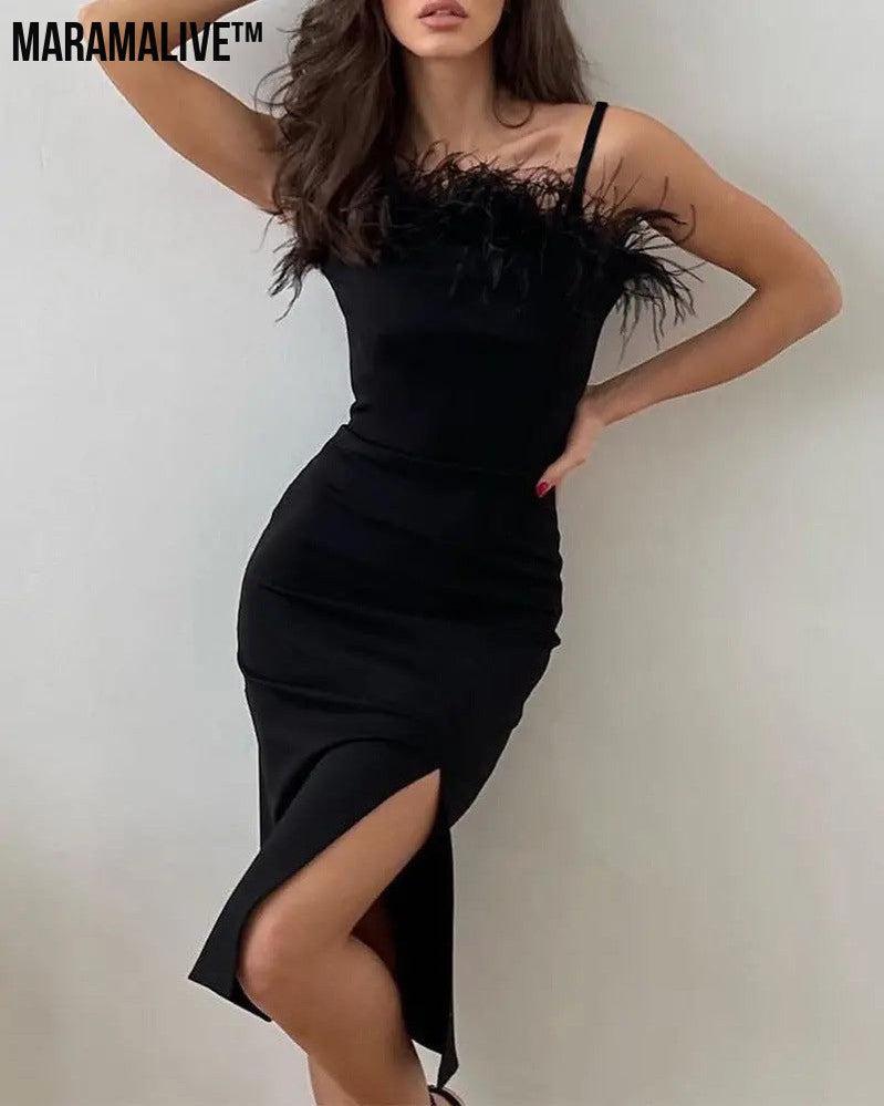 Sling Feather Trim High Slit Party Slim Fit Dress