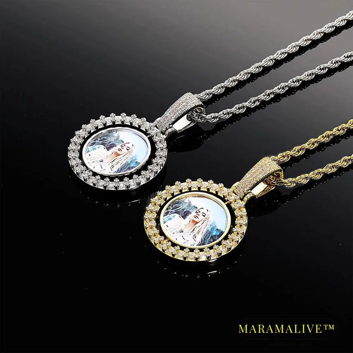 Small Size Custom Made Photo Rotating Double-sided Medallions Pendant Necklace With 4mm Tennis Chain Hip Hop Jewelry