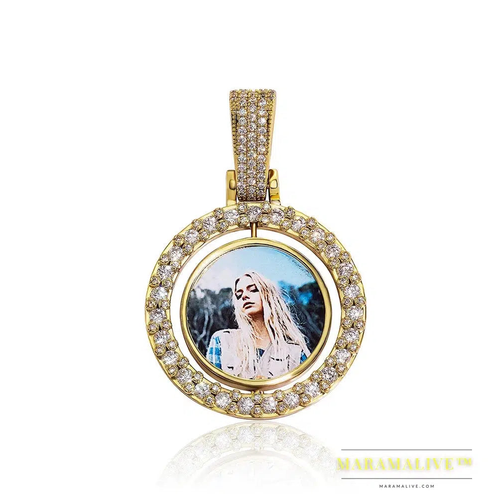 Small Size Custom Made Photo Rotating Double-sided Medallions Pendant Necklace With 4mm Tennis Chain Hip Hop Jewelry