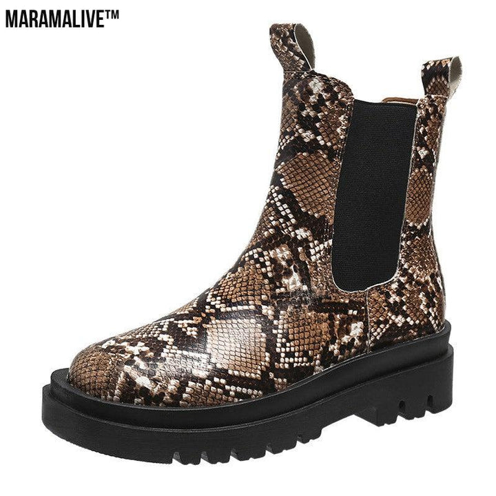 Snakeskin Ankle Boots Slip On Platform Shoes Women