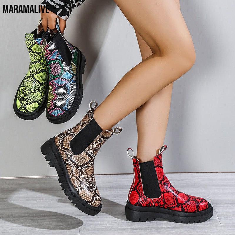 Snakeskin Ankle Boots Slip On Platform Shoes Women