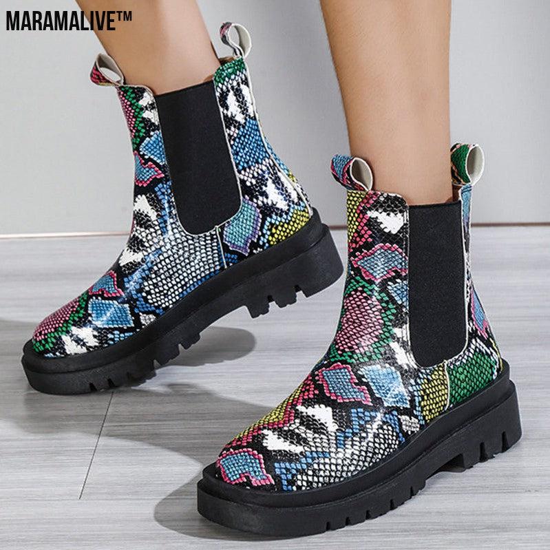 Snakeskin Ankle Boots Slip On Platform Shoes Women