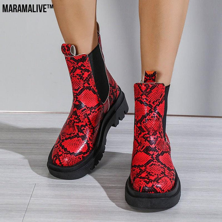 Snakeskin Ankle Boots Slip On Platform Shoes Women