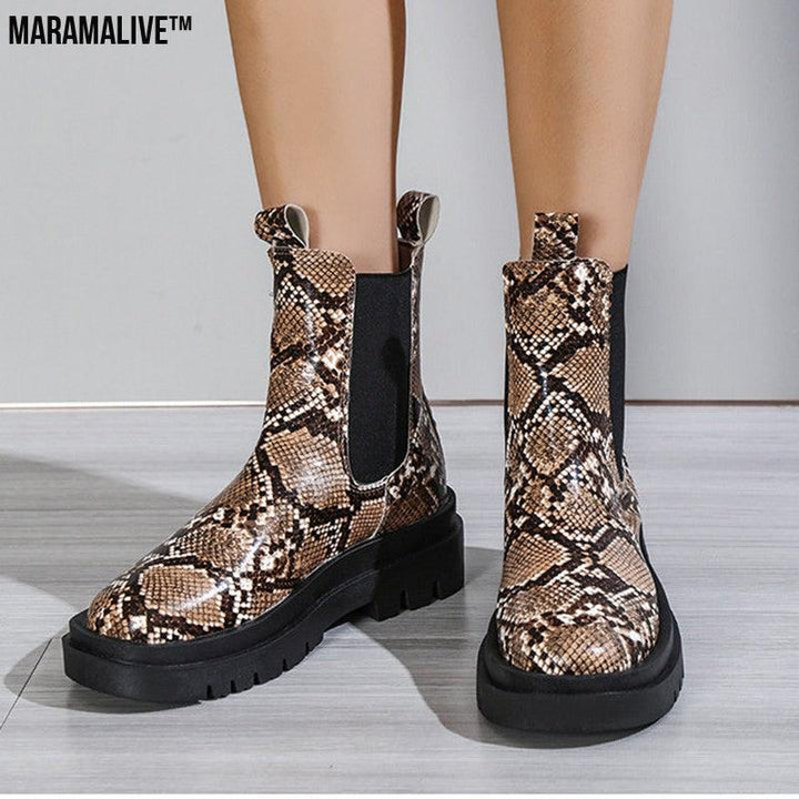 Snakeskin Ankle Boots Slip On Platform Shoes Women