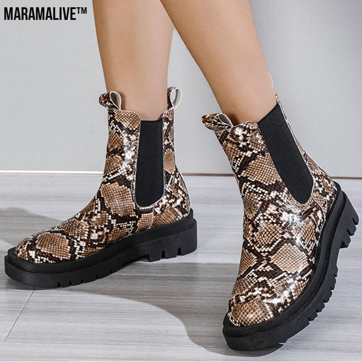 Snakeskin Ankle Boots Slip On Platform Shoes Women