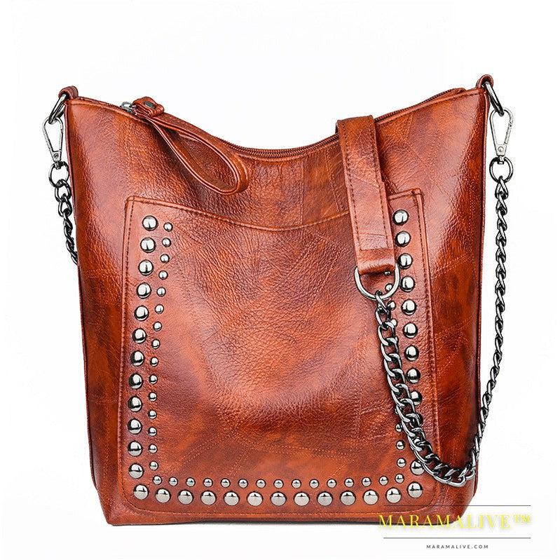 Soft Leather Studded Large Capacity Shoulder Crossbody Bag