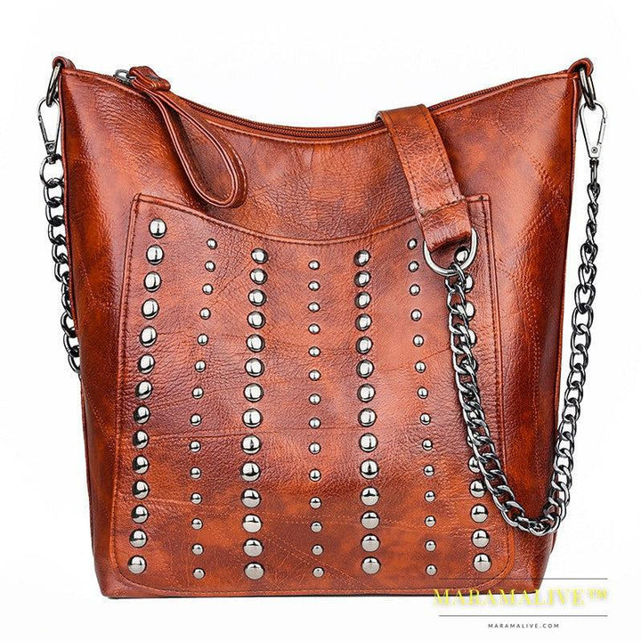 Soft Leather Studded Large Capacity Shoulder Crossbody Bag