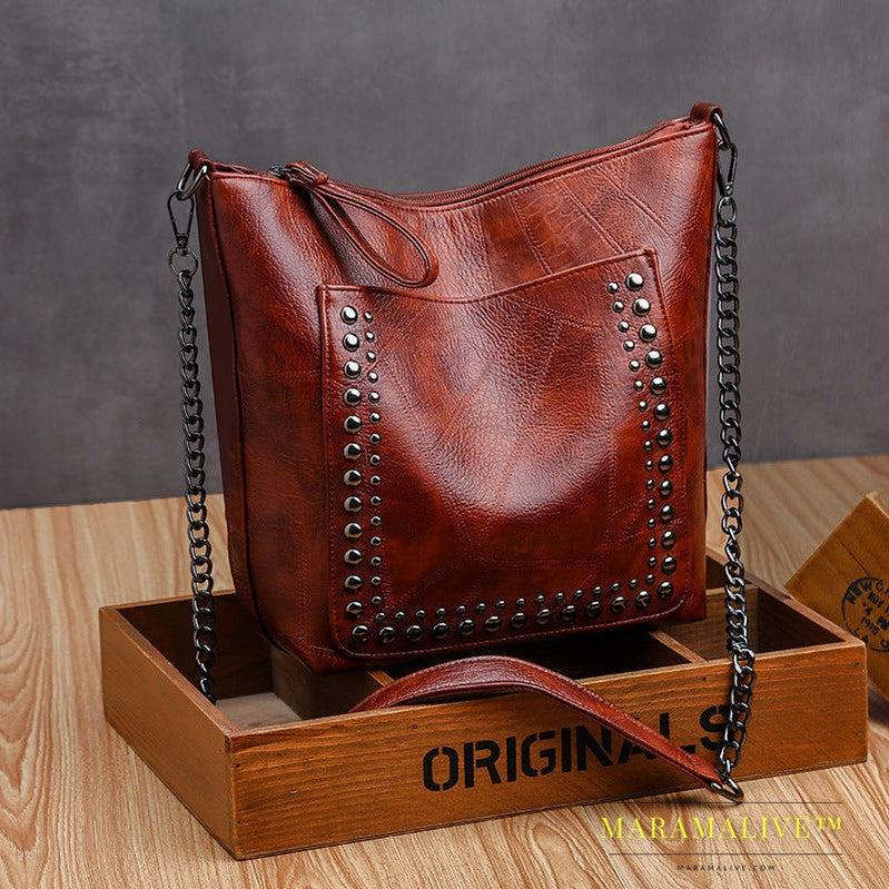 Soft Leather Studded Large Capacity Shoulder Crossbody Bag