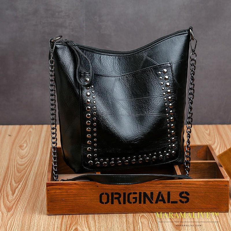 Soft Leather Studded Large Capacity Shoulder Crossbody Bag