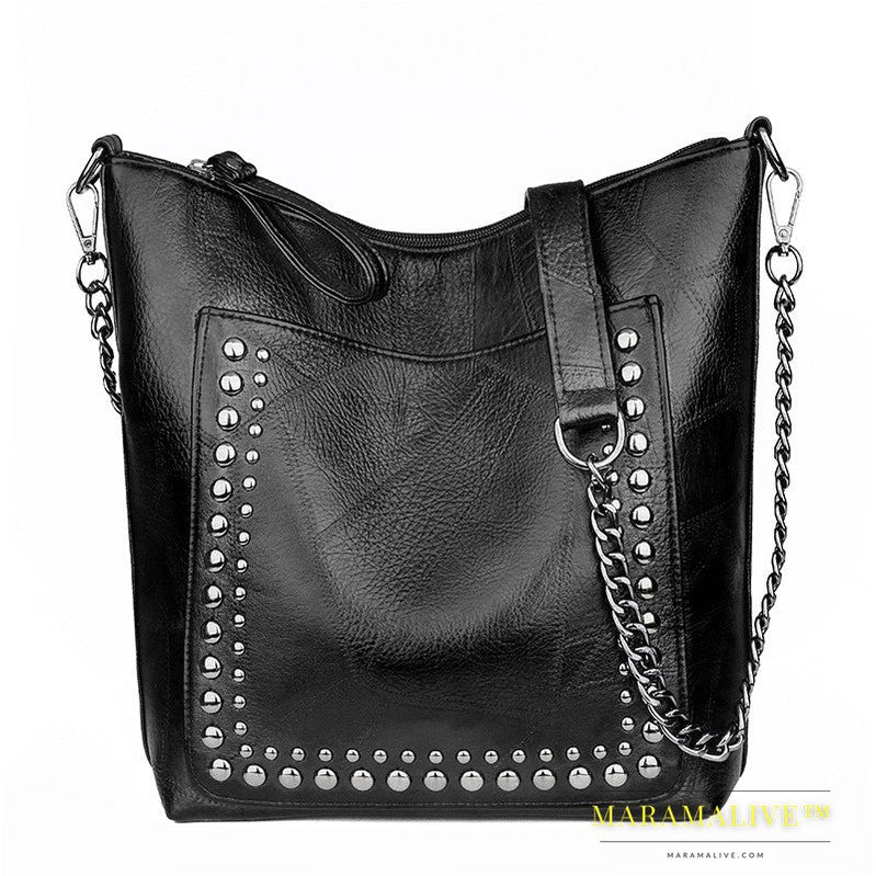 Soft Leather Studded Large Capacity Shoulder Crossbody Bag