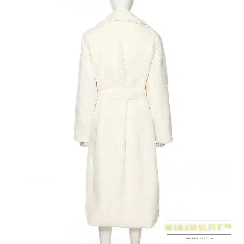 Solid Color Faux Fur Coat Women Long White Fluffy Warm d Coat Hood Lapel Sashes Loose Fashion Outerwear