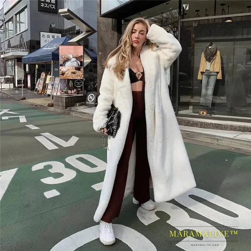 Solid Color Faux Fur Coat Women Long White Fluffy Warm d Coat Hood Lapel Sashes Loose Fashion Outerwear