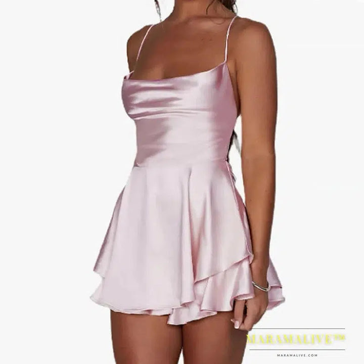 Spaghetti Strap White Satin Mini Dress Criss Cross Backless A-Line Short Prom Party Dress Chic And Elegant Woman Summer Dress