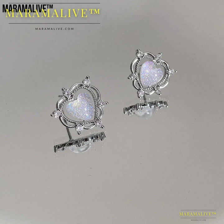 Sparkling Opal Heart Shape With Diamond Stud Earrings