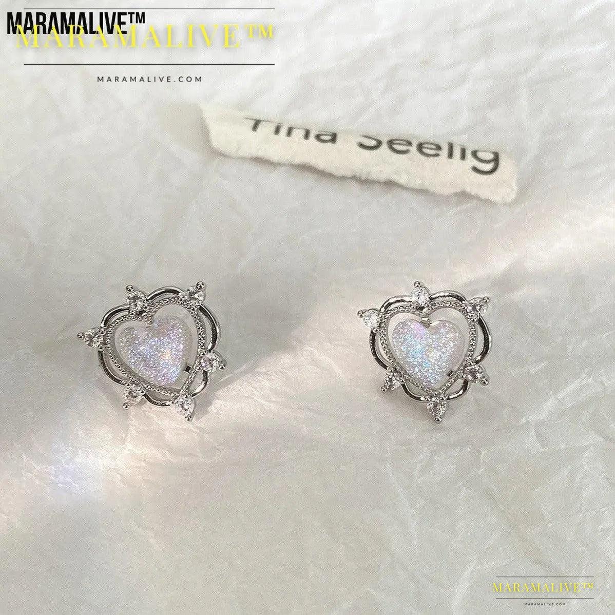 Sparkling Opal Heart Shape With Diamond Stud Earrings