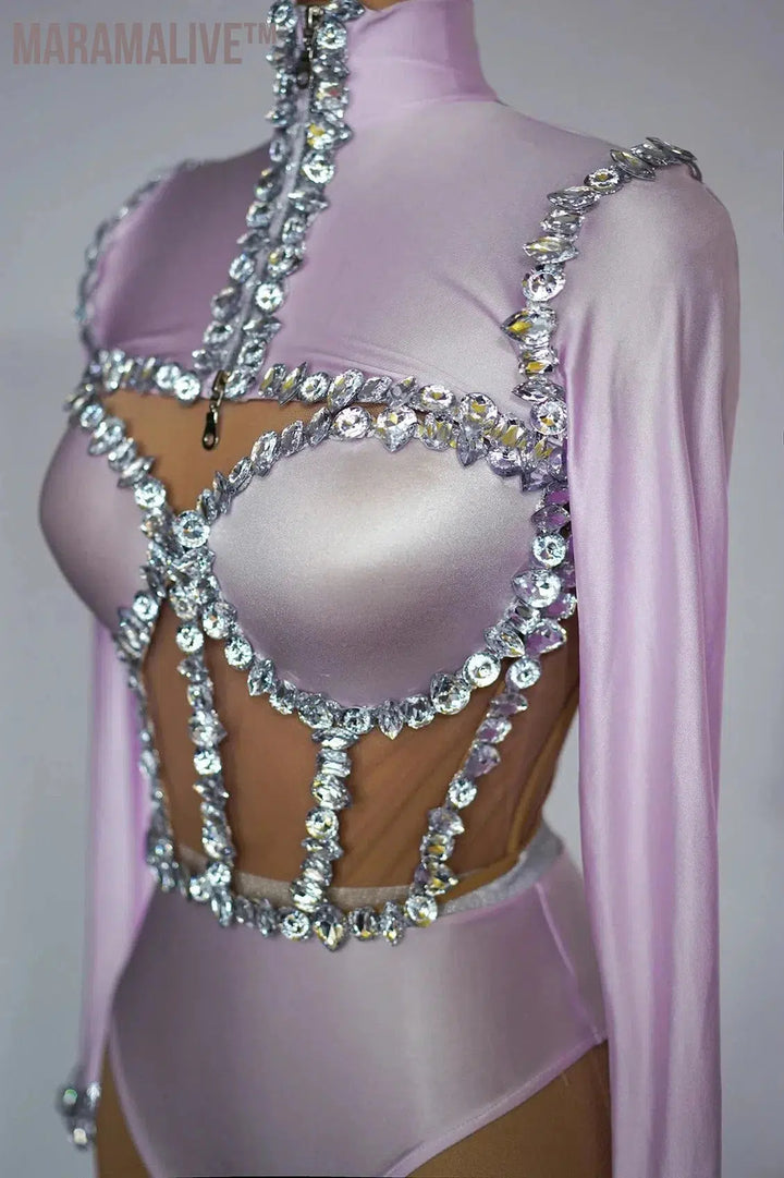 Sparkly Rhinestone Bodysuits for Women Long Sleeve Body Suits Outfits Set Dance Drag Queen Costume Pole Dance Leotard