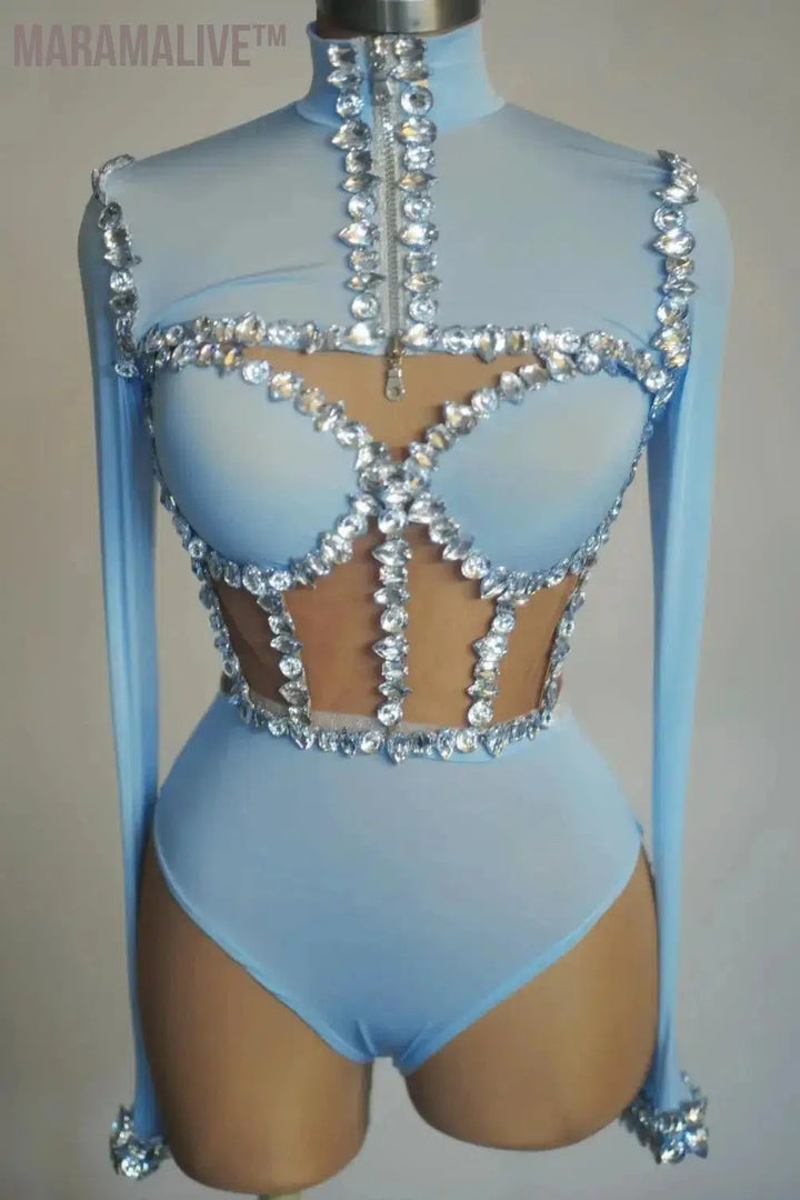 Sparkly Rhinestone Bodysuits for Women Long Sleeve Body Suits Outfits Set Dance Drag Queen Costume Pole Dance Leotard