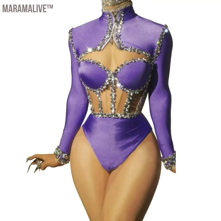 Sparkly Rhinestone Bodysuits for Women Long Sleeve Body Suits Outfits Set Dance Drag Queen Costume Pole Dance Leotard