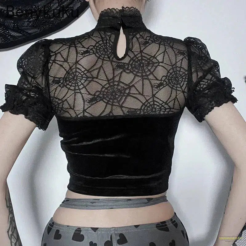 Spider Print Sexy Lace See Through Tops Tee T-Shirt Women Mock Neck Short Sleeve Hip Hop Y2k Punk Gothic Clothing Goth Crop Tops