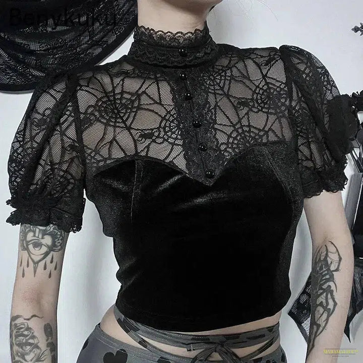 Spider Print Sexy Lace See Through Tops Tee T-Shirt Women Mock Neck Short Sleeve Hip Hop Y2k Punk Gothic Clothing Goth Crop Tops