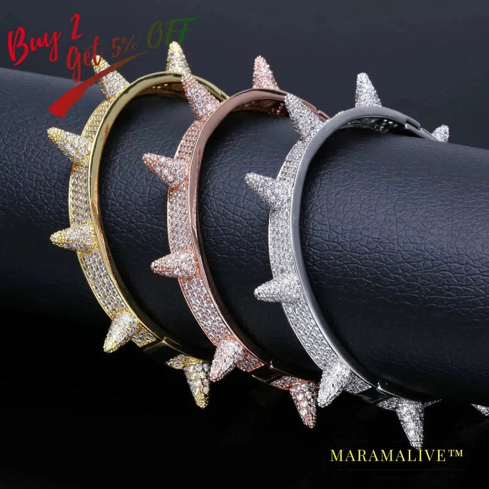 Spikes Rivet Stud Mens Charm Bracelets Bangle Iced Out Gold Silver Color Bracelets Hip Hop/Punk Gothic Bling Jewelry