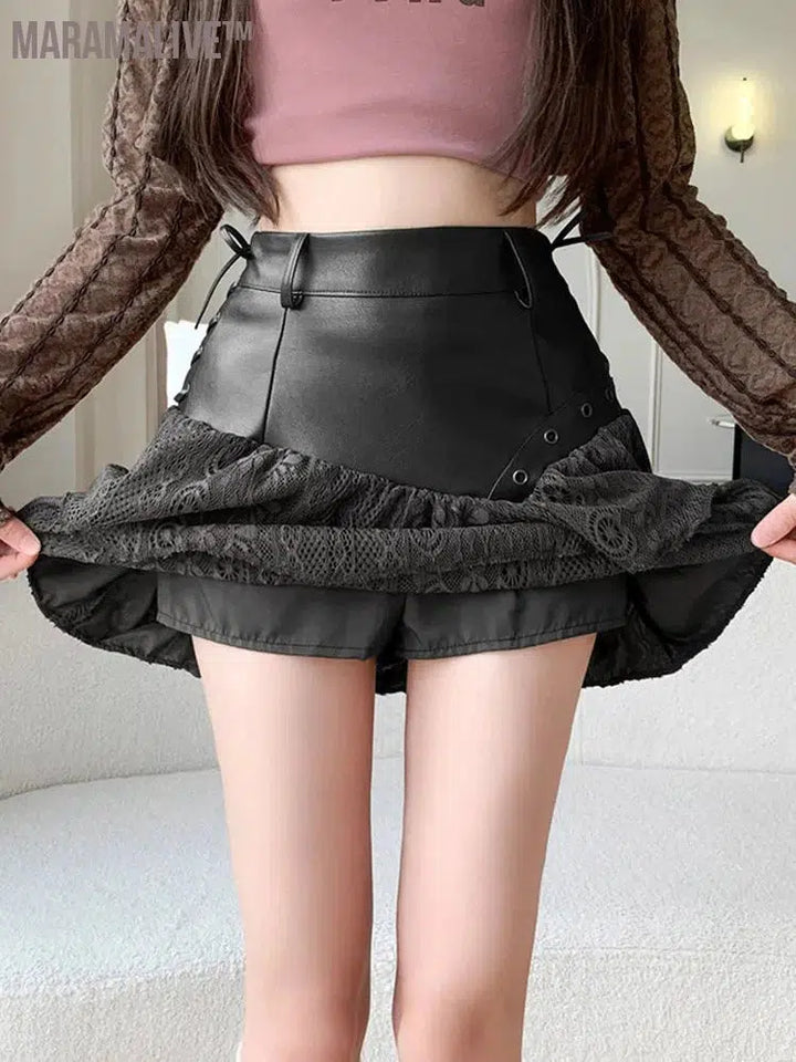 Splicing Irregular PU Leather Short Skirt Sexy A-line Slimming Lace Cake Mini Skirt High Quality 2024 Fashion Women's Clothing