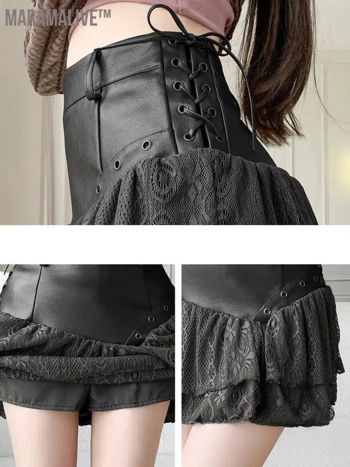 Splicing Irregular PU Leather Short Skirt Sexy A-line Slimming Lace Cake Mini Skirt High Quality 2024 Fashion Women's Clothing