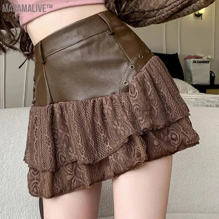 Splicing Irregular PU Leather Short Skirt Sexy A-line Slimming Lace Cake Mini Skirt High Quality 2024 Fashion Women's Clothing