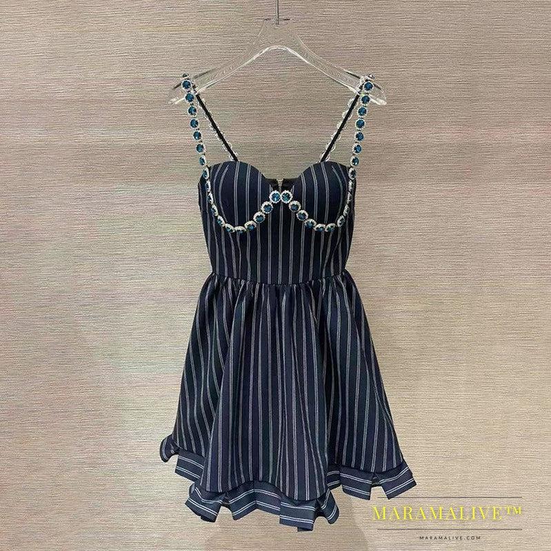 Spot Ladies Style Diamond-studded Striped Halter Strap Light Luxury Waist Ruffled A-line Skirt