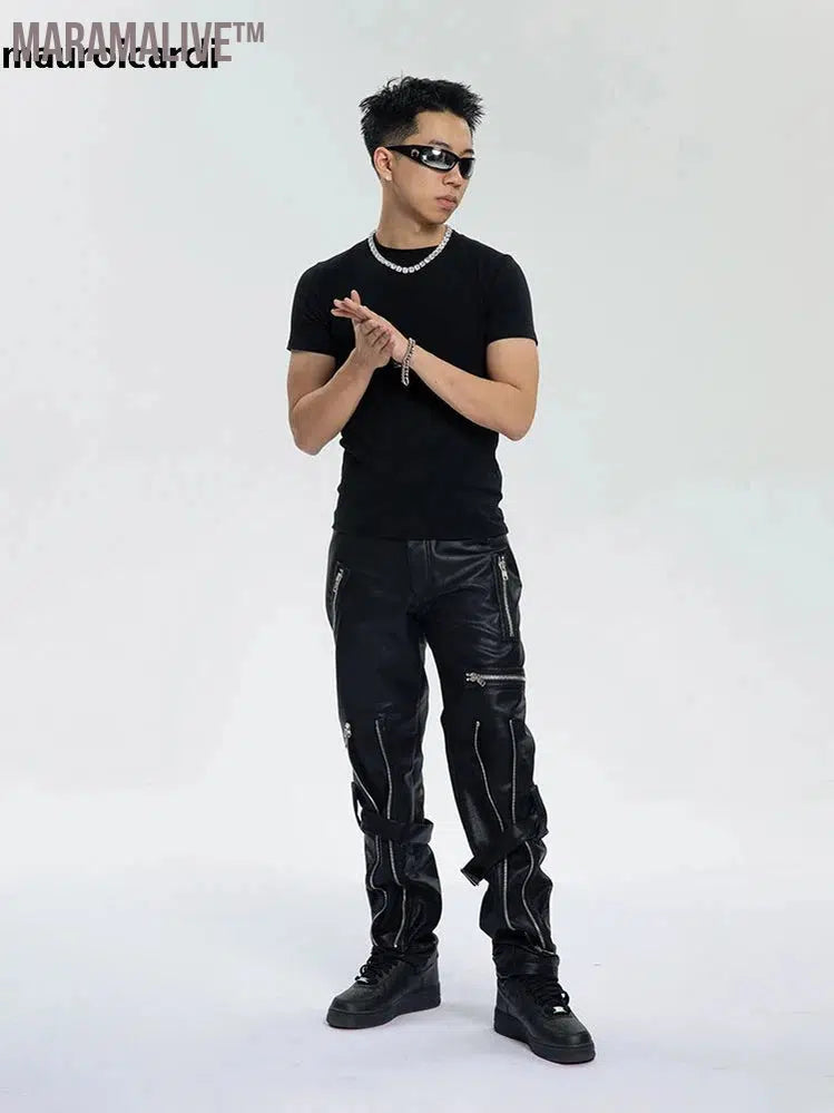 Spring Autumn Cool Black Pu Leather Pants Men with Many Zippers Belt Luxury Designer Clothing Trousers Fashions