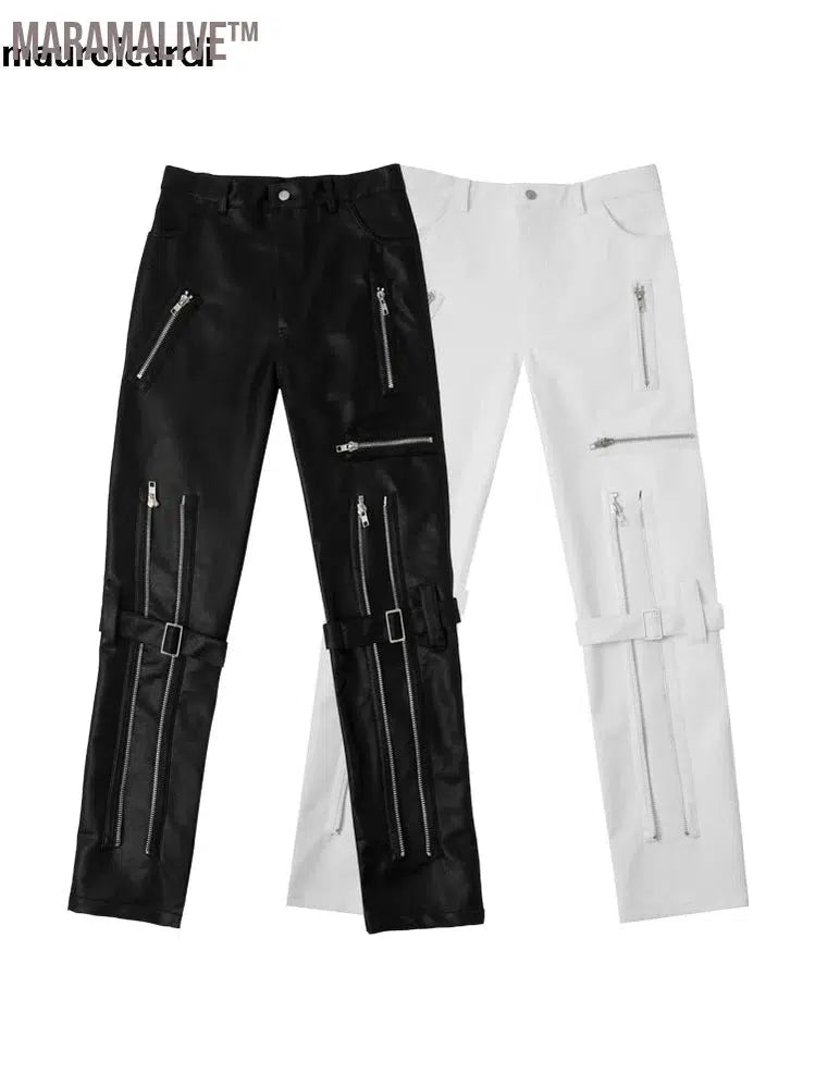 Spring Autumn Cool Black Pu Leather Pants Men with Many Zippers Belt Luxury Designer Clothing Trousers Fashions