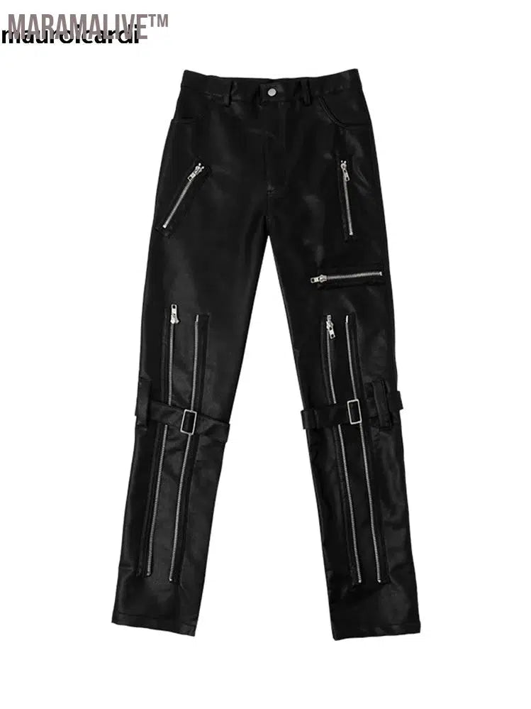 Spring Autumn Cool Black Pu Leather Pants Men with Many Zippers Belt Luxury Designer Clothing Trousers Fashions