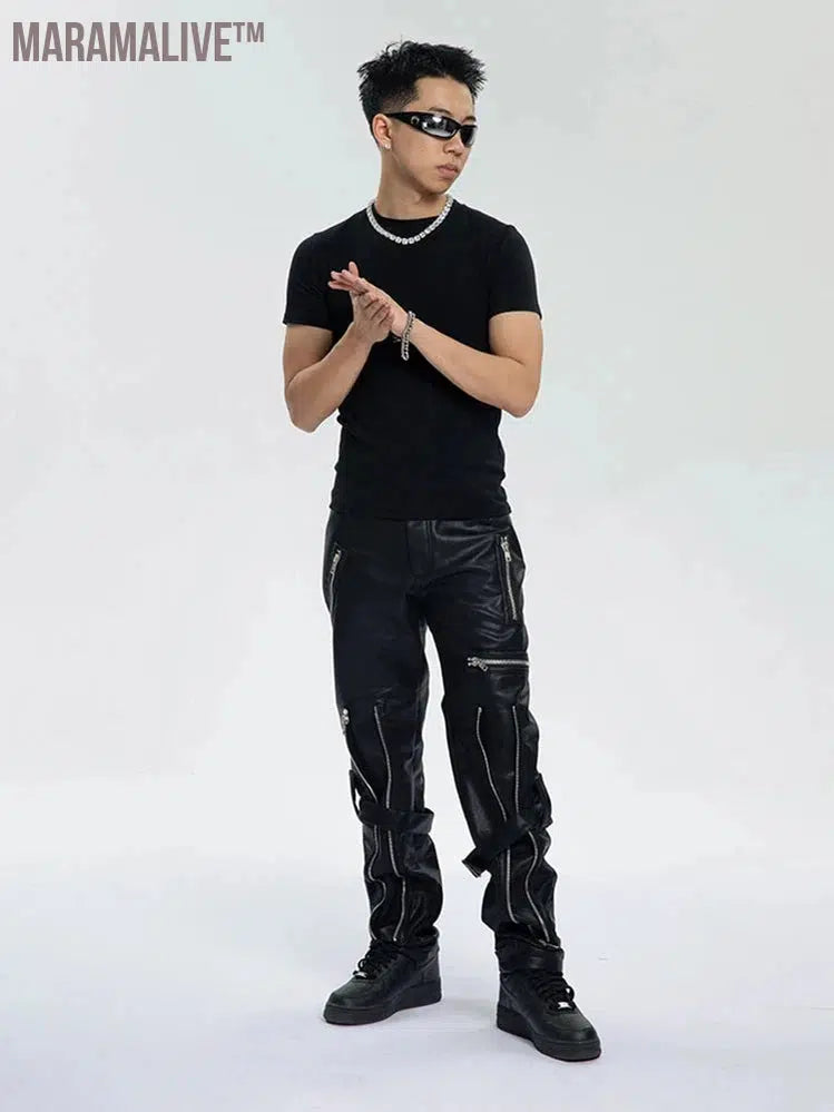 Spring Autumn Cool Black Pu Leather Pants Men with Many Zippers Belt Luxury Designer Clothing Trousers Fashions