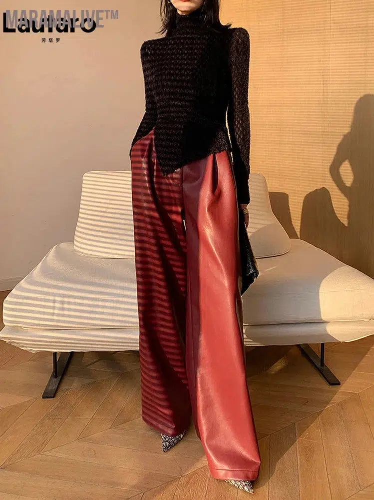 Spring Autumn Loose Casual Soft Black Burgundy Pu Leather Wide Leg Pants for Women High Waist