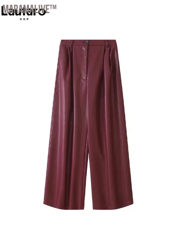 Spring Autumn Loose Casual Soft Black Burgundy Pu Leather Wide Leg Pants for Women High Waist