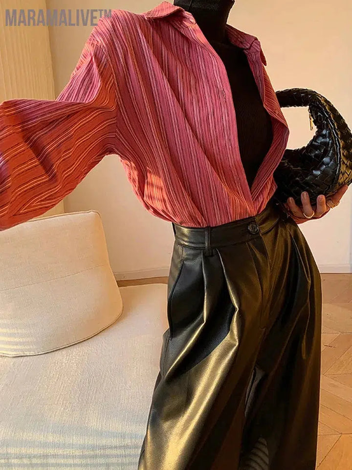 Spring Autumn Loose Casual Soft Black Burgundy Pu Leather Wide Leg Pants for Women High Waist