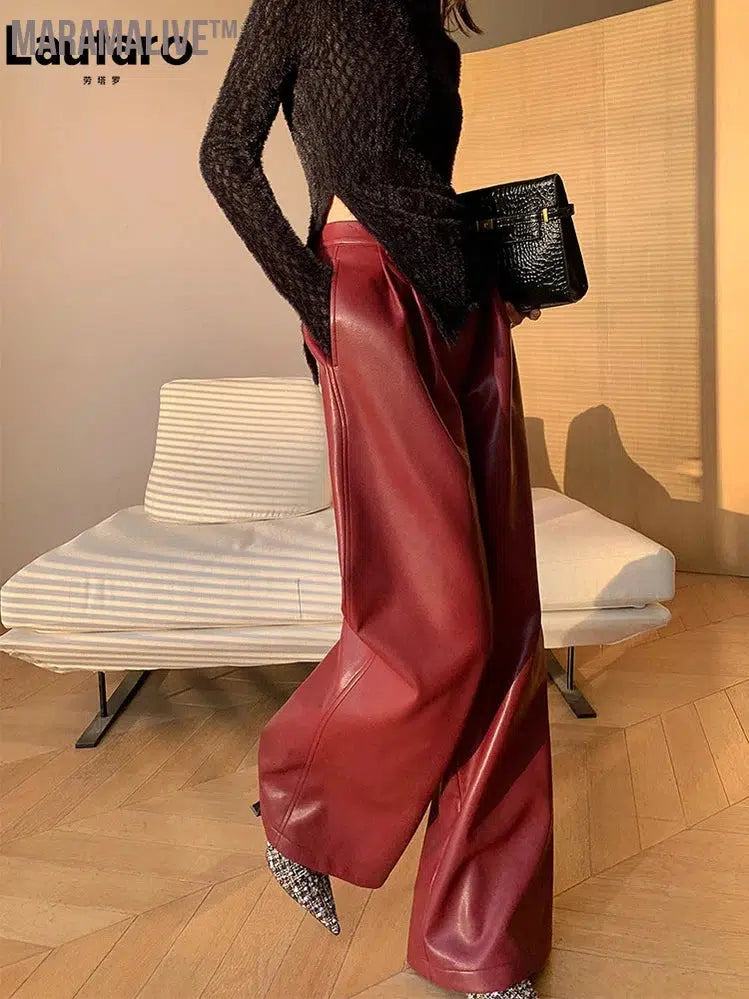 Spring Autumn Loose Casual Soft Black Burgundy Pu Leather Wide Leg Pants for Women High Waist