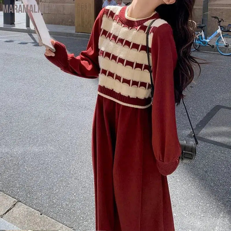 Spring Autumn New Fashion Contrast Color Midi Dress Women Round Neck Long Sleeve Dresses Elegant Fake Two Pieces Chic Vestidos