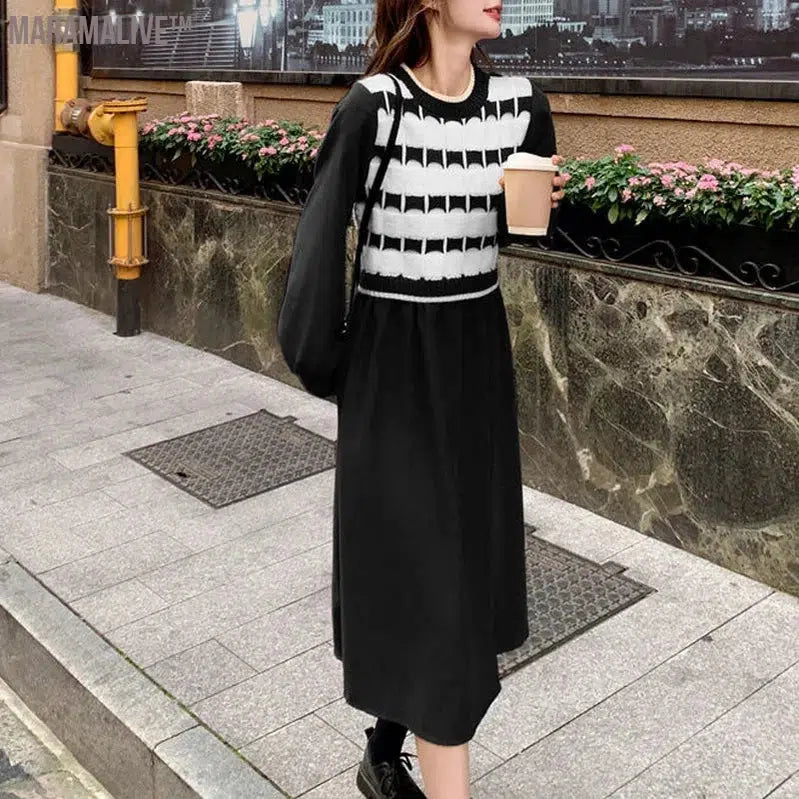 Spring Autumn New Fashion Contrast Color Midi Dress Women Round Neck Long Sleeve Dresses Elegant Fake Two Pieces Chic Vestidos