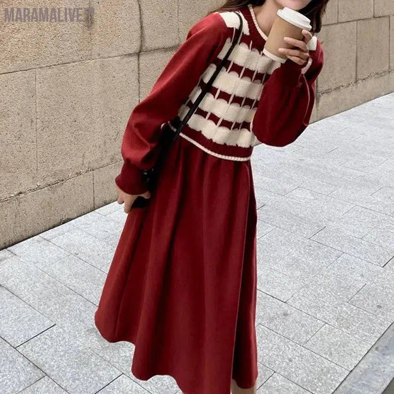 Spring Autumn New Fashion Contrast Color Midi Dress Women Round Neck Long Sleeve Dresses Elegant Fake Two Pieces Chic Vestidos