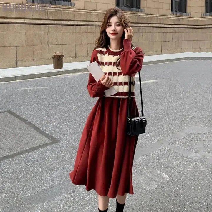 Spring Autumn New Fashion Contrast Color Midi Dress Women Round Neck Long Sleeve Dresses Elegant Fake Two Pieces Chic Vestidos