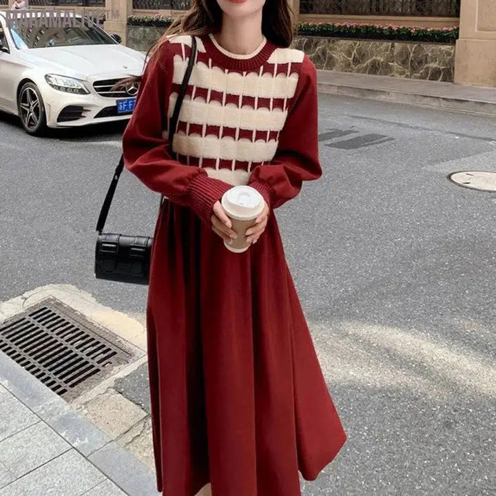 Spring Autumn New Fashion Contrast Color Midi Dress Women Round Neck Long Sleeve Dresses Elegant Fake Two Pieces Chic Vestidos